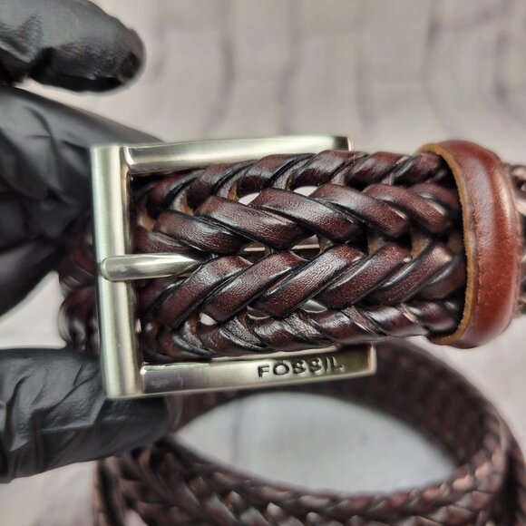 Vintage Fossil Braided Leather Belt Sz 44 Brown With Silver Tone Buckle Mint - Picture 4 of 13